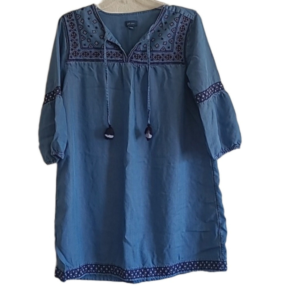 J. Jill Blue Embroidered Denim Tassel Tunic Dress Size MP